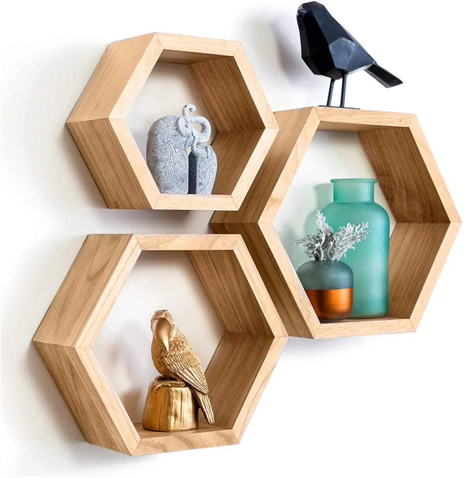 Excellent Quality 3 PCS Set MDF Painting Floating Hexagon Wood Home Wall Shelf Hexagon Disarmable Shelf