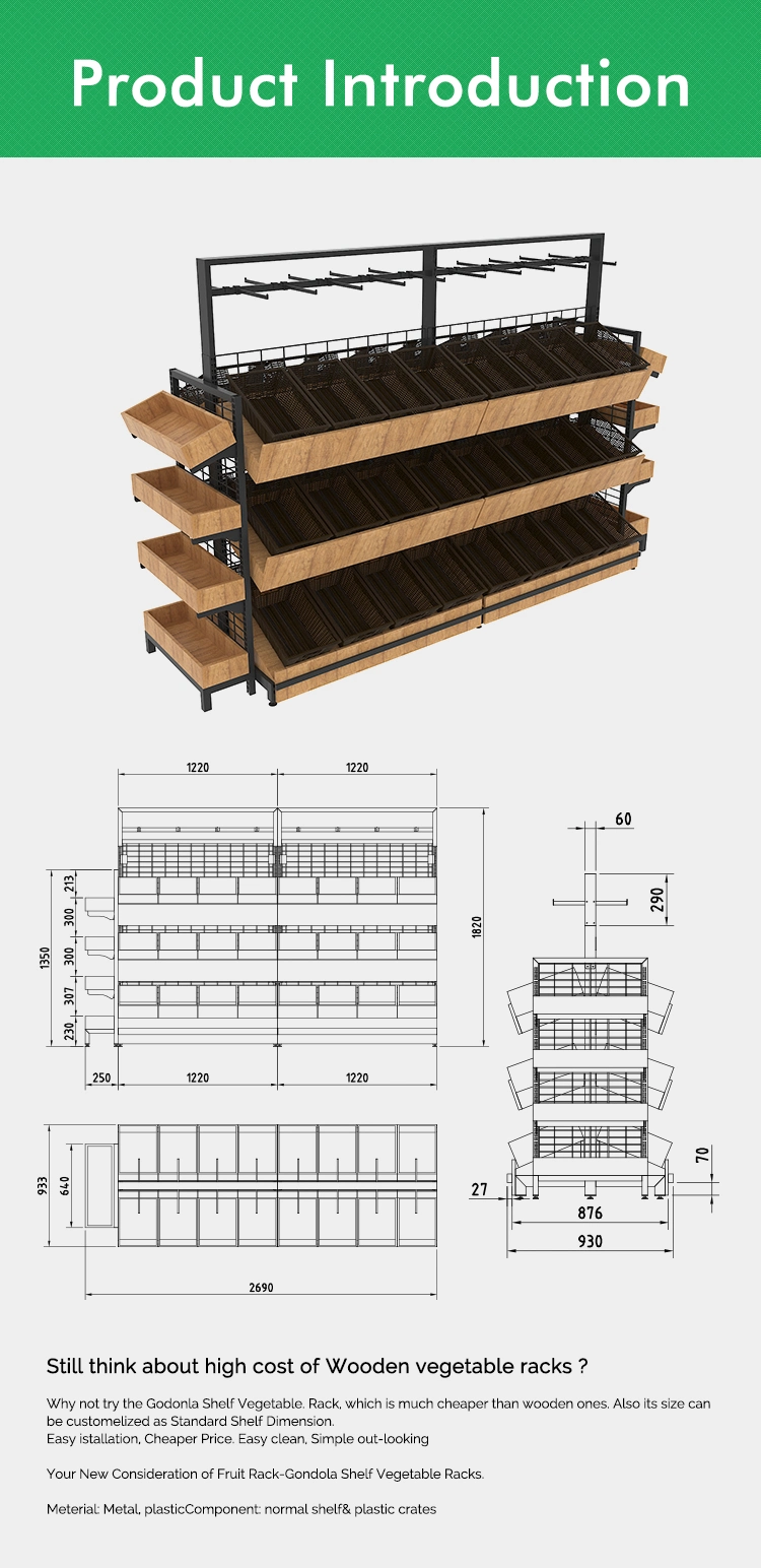 Supermarket Wooden Wall Vegetable Display Shelf