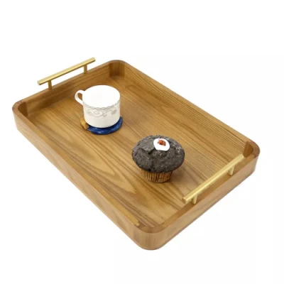 아침 식사, 커피, 케이크를 위한 금속 손잡이가 있는 맞춤형 물푸레나무 서빙 트레이